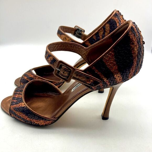 Manolo Blahnik Bronze Sequin/Leather Heels Size 39,5/9,5 - Picture 5 of 12